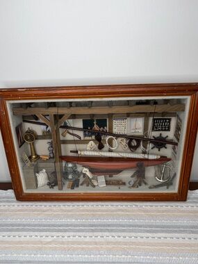 Framed Nautical Vintage Shadow Box with Miniature Boat and Maritime Decor